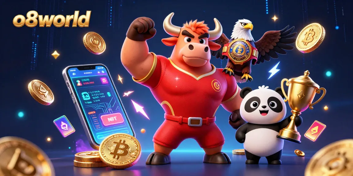 Engage with o8world's thrilling gaming experience featuring a victorious bull mascot, eagle, and panda.