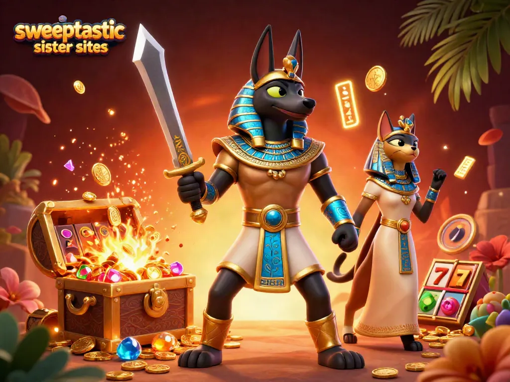 Sweepstakes adventure with Anubis and Bastet illustrating Sweeptastic sister sites dynamic games