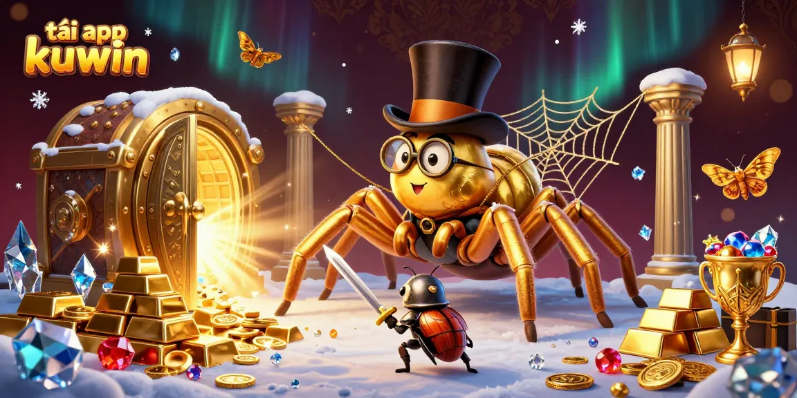 Tải app kuwin alongside golden treasures and vibrant characters in a rich, immersive casino scene.