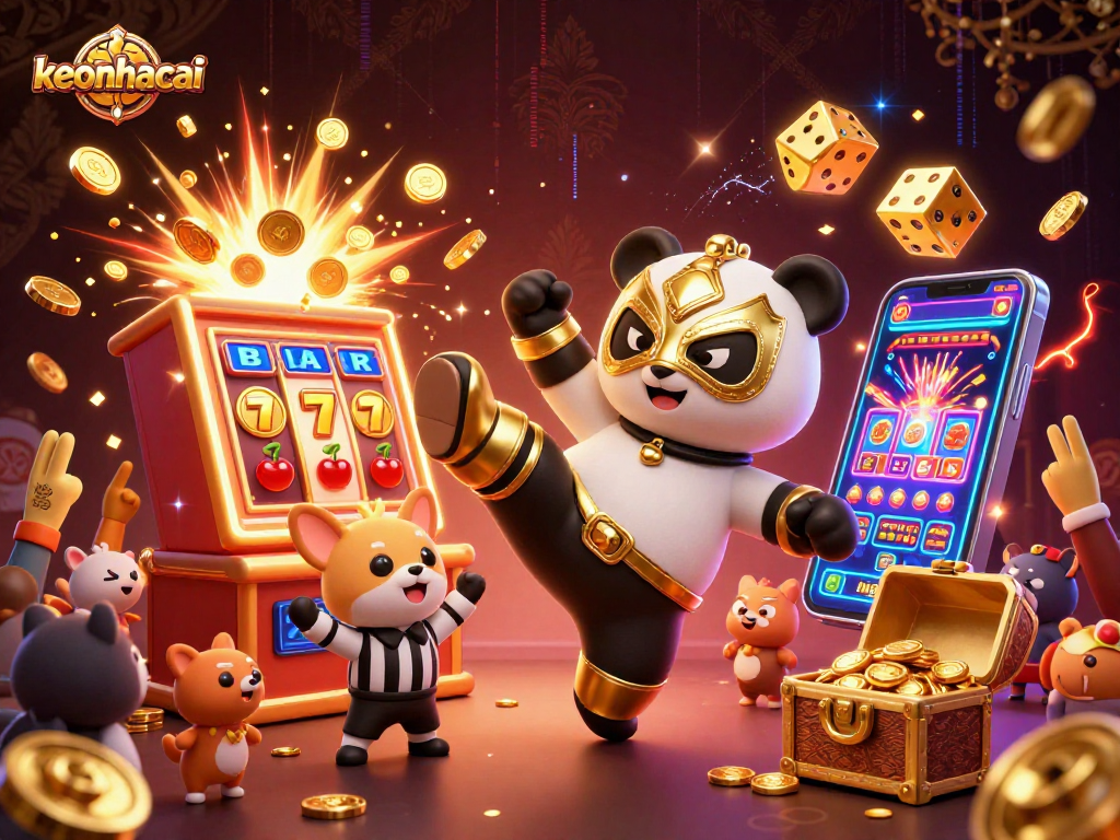 Experience thrilling wins at keonhacai with an exciting casino scene featuring joyful characters and dynamic game elements.