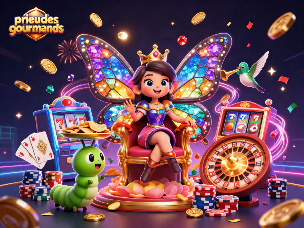 Engage with prieuredesgourmands in this vibrant casino scene featuring a butterfly queen and dazzling game elements.