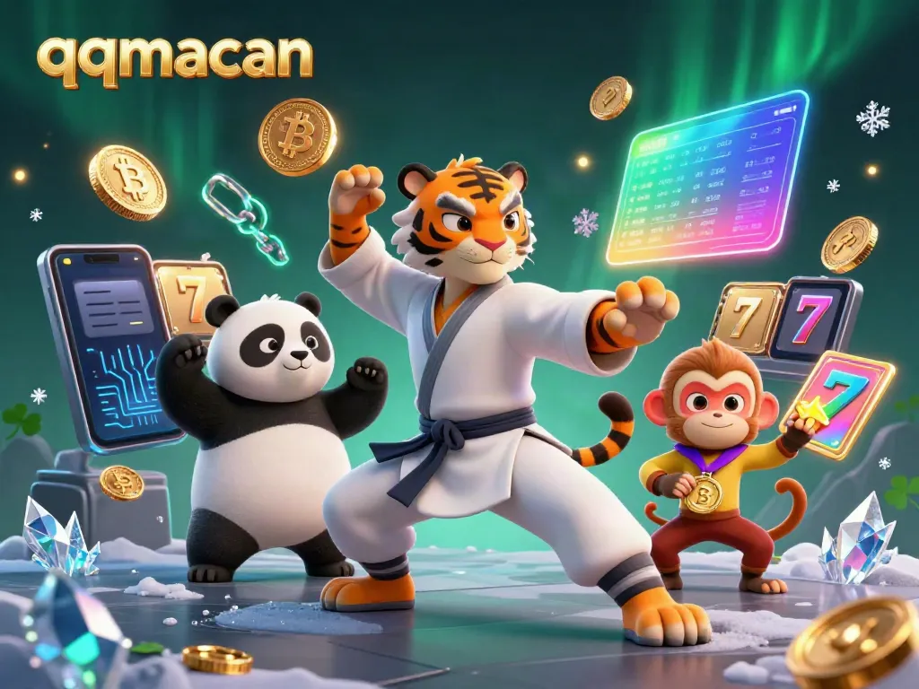 Experience thrilling gaming with qqmacan’s kung fu tiger, panda, and monkey in a vibrant casino scene.