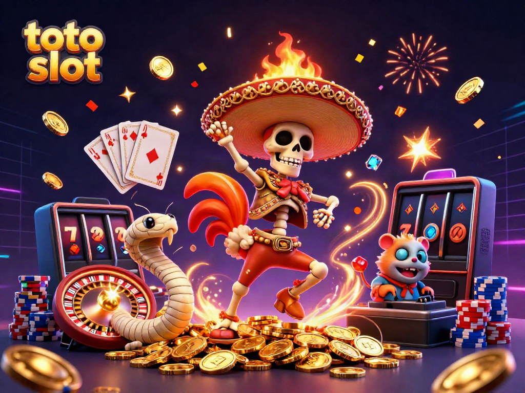 Experience the excitement of the toto slot with a festive 3D casino scene featuring vibrant characters and slot elements.