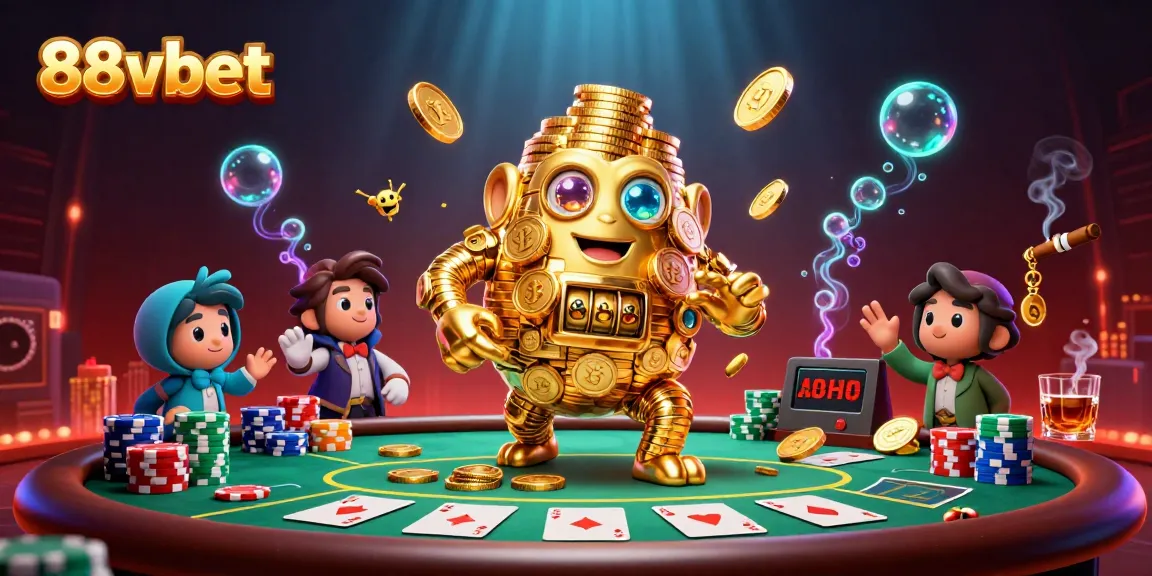 Experience the thrill of 88vbet with a dynamic 3D casino scene featuring golden golem and poker elements.