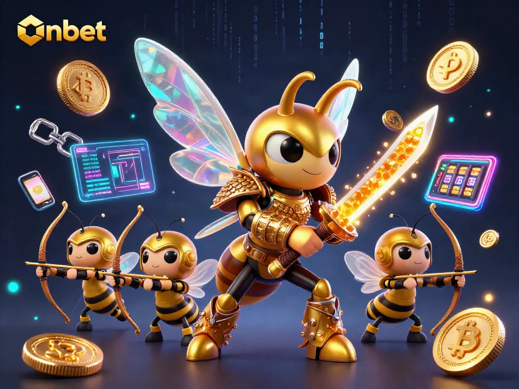 Engage with Onbet’s thrilling casino experience showcasing a samurai hornet and bee archers amidst vibrant gambling elements.