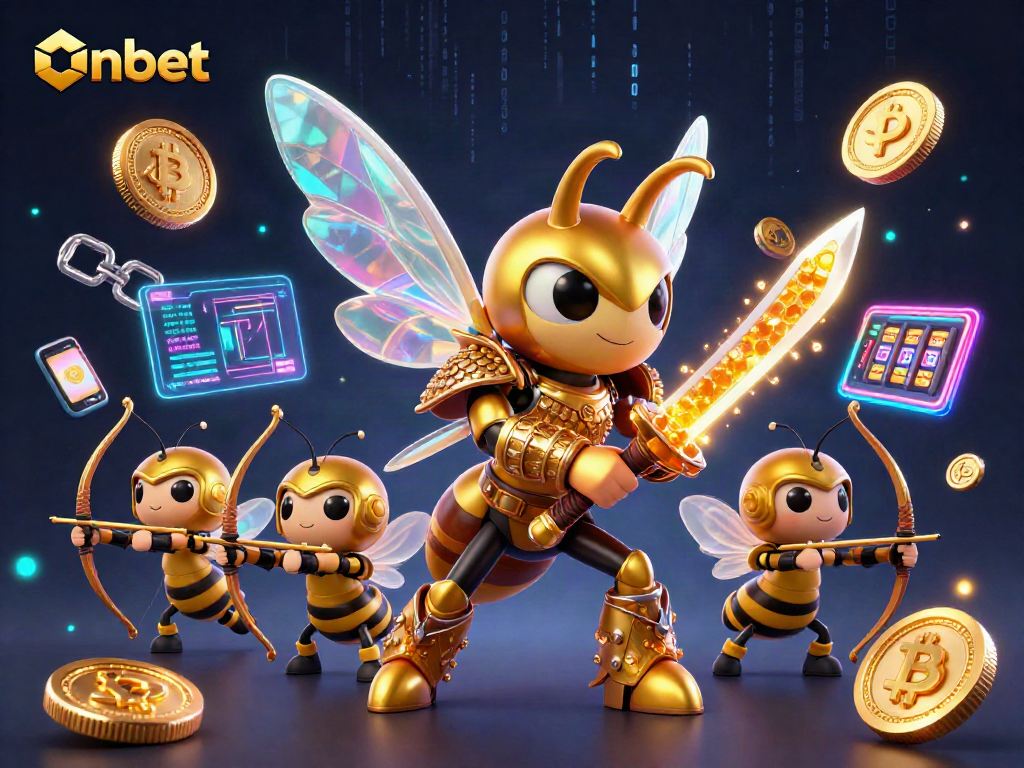 Engage with Onbet’s thrilling casino experience showcasing a samurai hornet and bee archers amidst vibrant gambling elements.