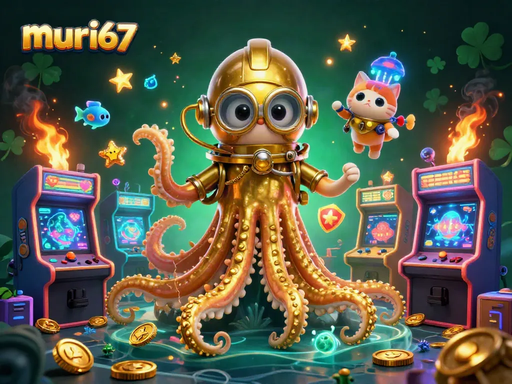 Engage with murai67's immersive gaming scene featuring a colossal kraken, a diving cat, and vibrant arcade elements.