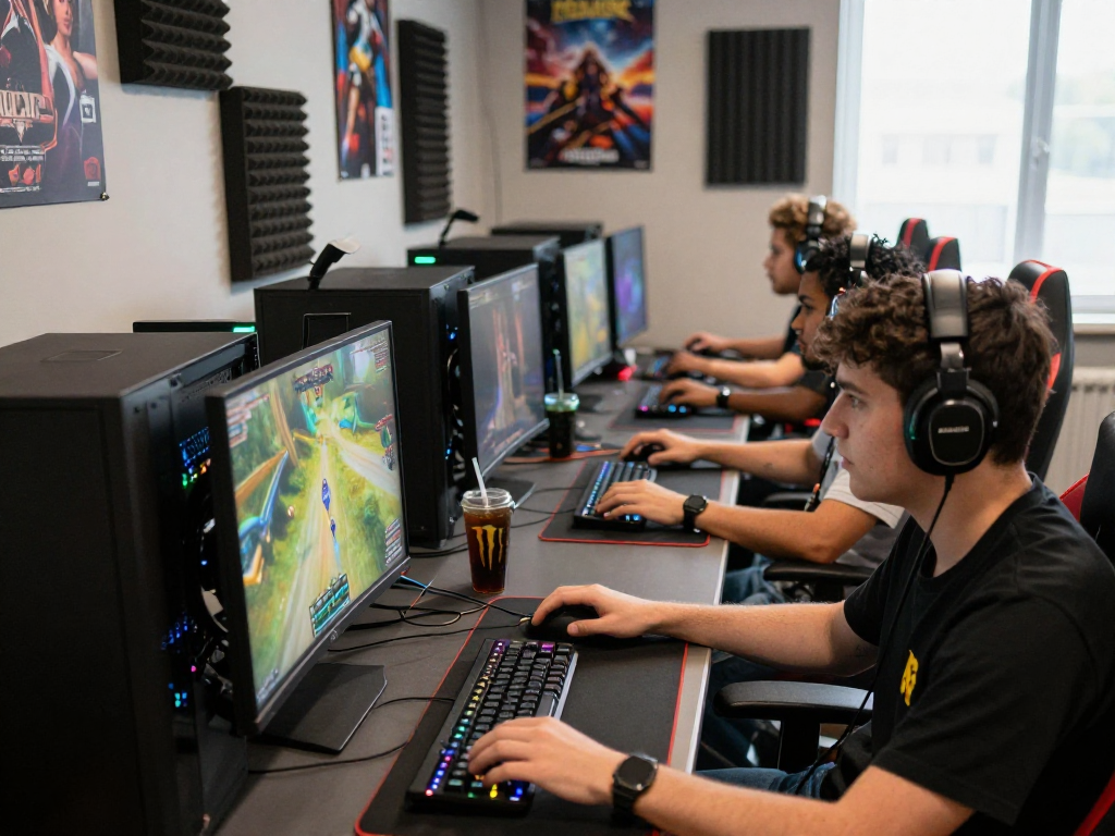 Gamers beraksi dalam permainan bos88 yang menarik, dikelilingi perangkat game modern.