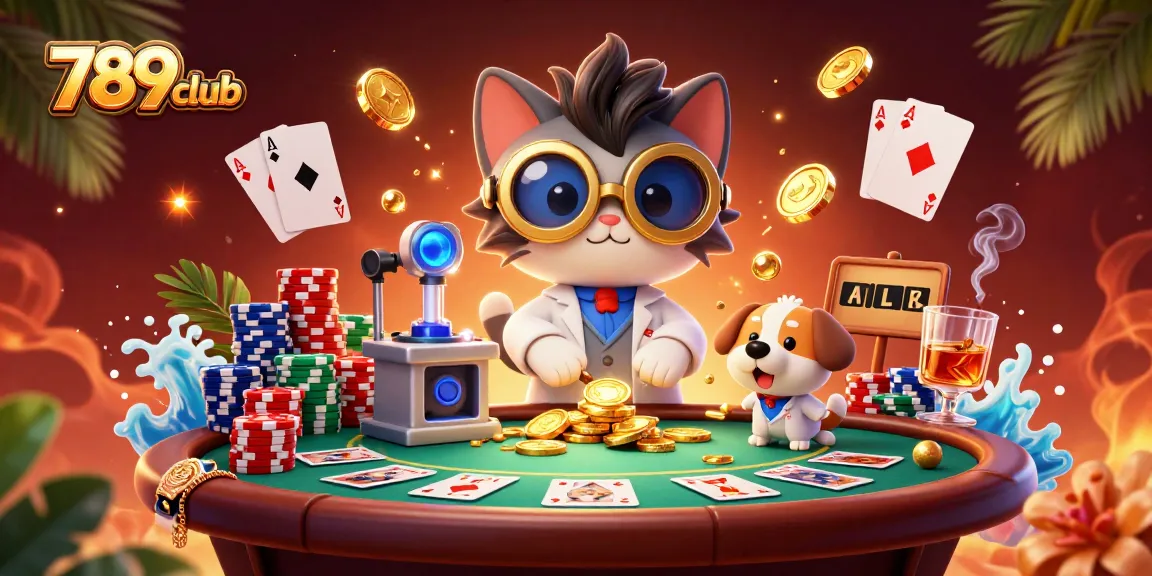 Join the excitement at 789club with an illustration featuring a mad scientist cat creating gold coins around a vibrant poker scene.
