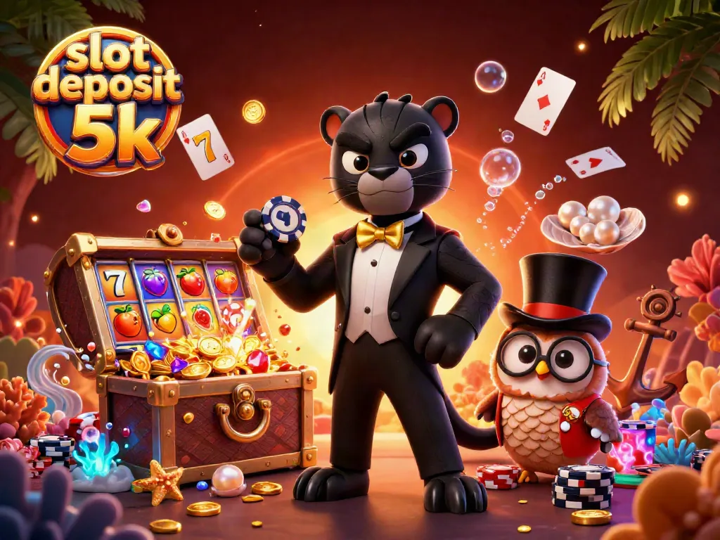 Engage in thrilling slots at slot deposit 5k with a vibrant scene of exotic characters and casino symbols.