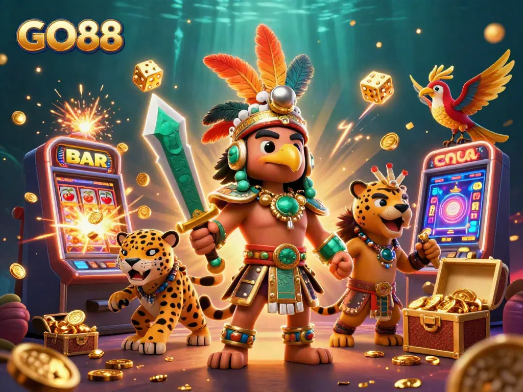 Experience GO88 with thrilling 3D illustrations featuring jackpot machines, warriors, and vibrant casino elements.
