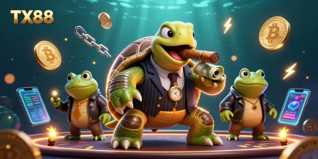 TX88 turtle mobster and bullfrog enforcers gambling with Bitcoin coins and neon lights.