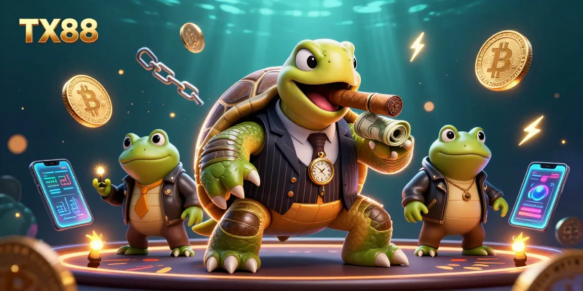 TX88 turtle mobster and bullfrog enforcers gambling with Bitcoin coins and neon lights.