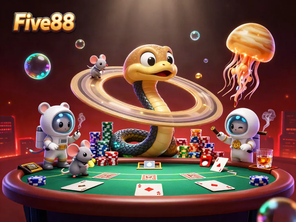 Experience excitement at Five88 with a cosmic casino scene featuring unique characters and dynamic game elements.