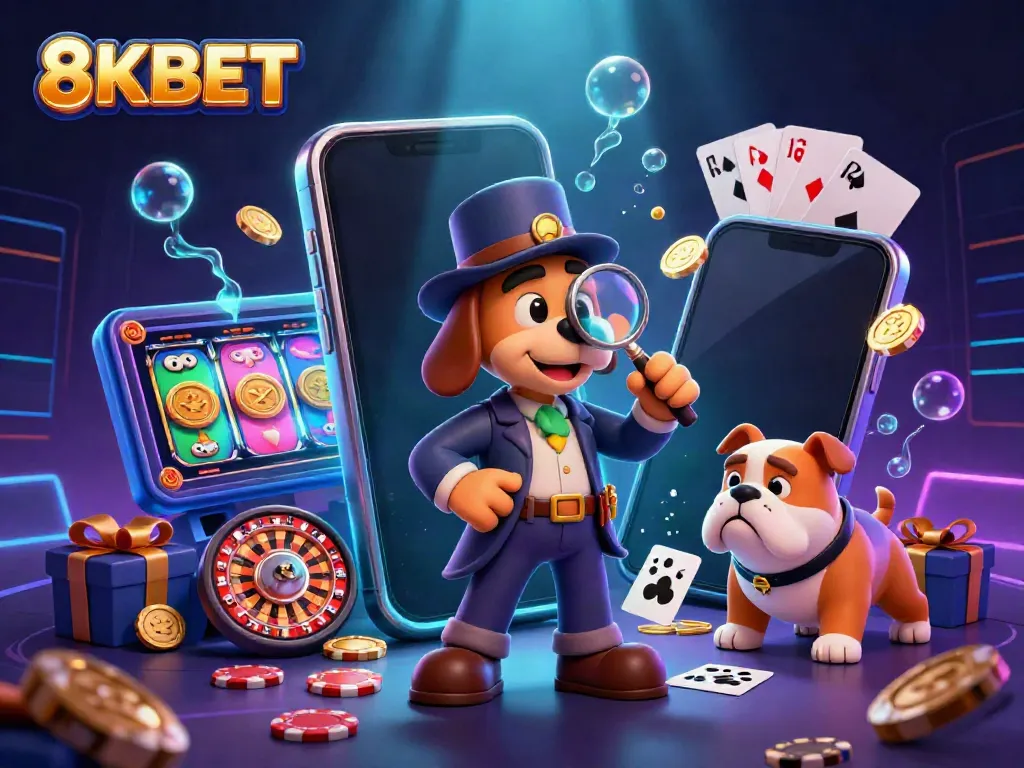 8KBET showcases a 3D cartoon detective amidst slot games and poker clues, enhancing online gaming excitement.