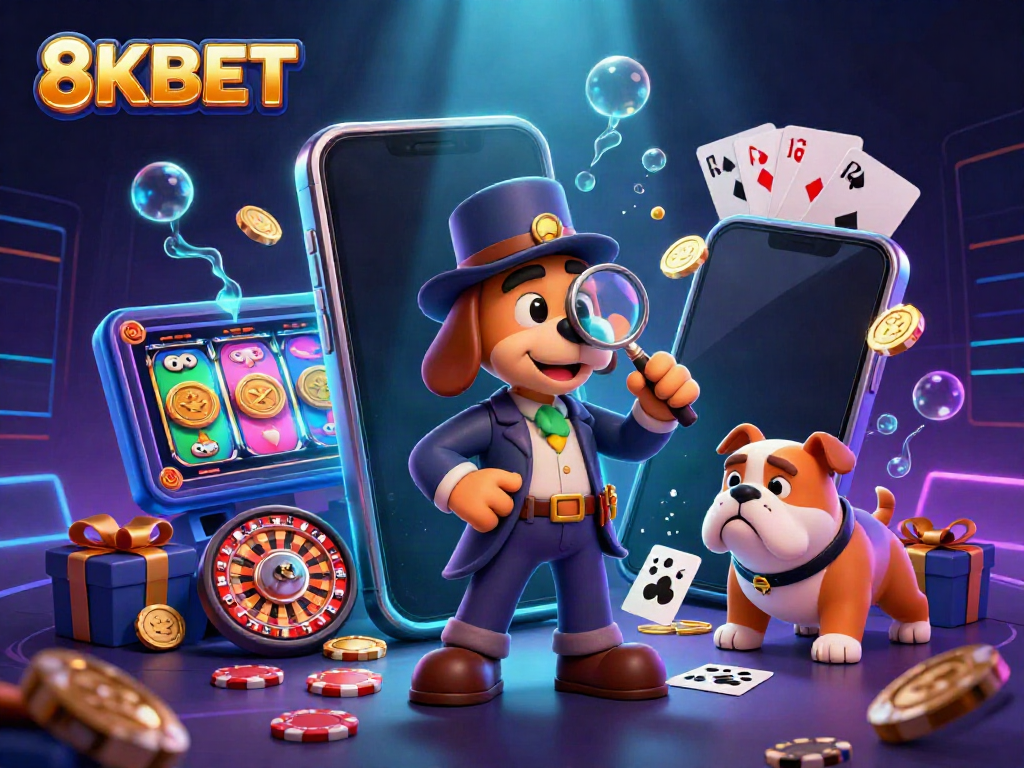 8KBET showcases a 3D cartoon detective amidst slot games and poker clues, enhancing online gaming excitement.