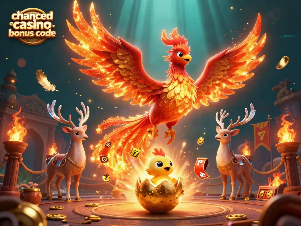 Engage with Chanced Casino Bonus Code featuring fiery phoenix and gaming elements in a vibrant casino scene.