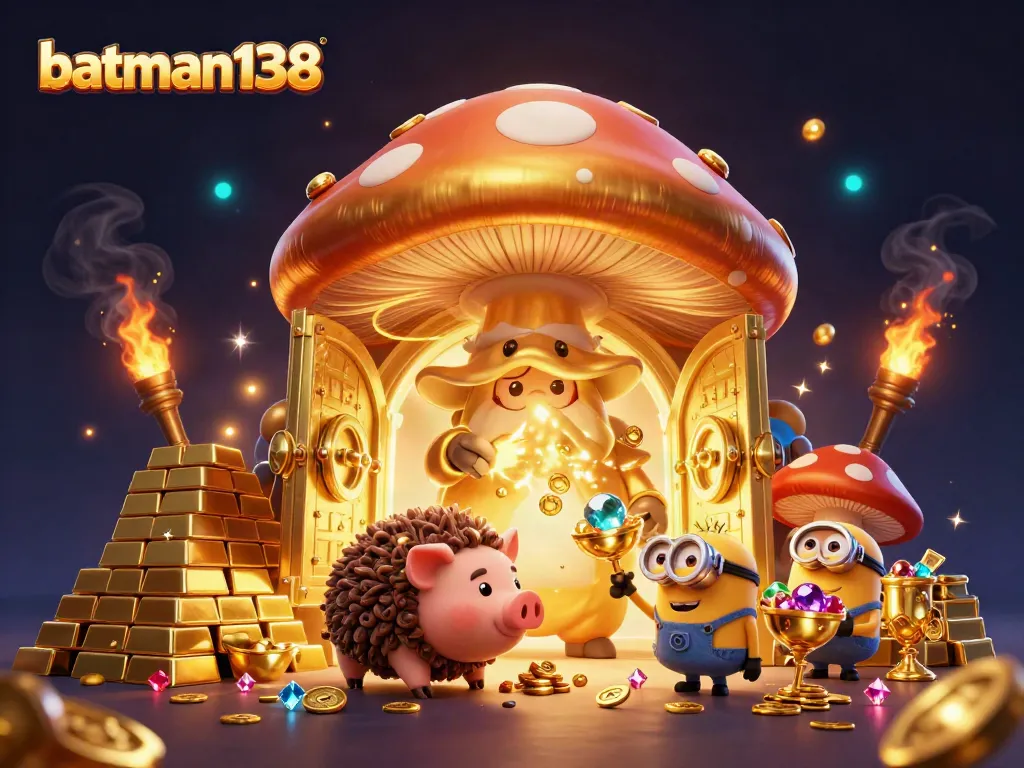 Experience batman138 gameplay with a whimsical scene featuring a golden mushroom wizard and treasure galore.