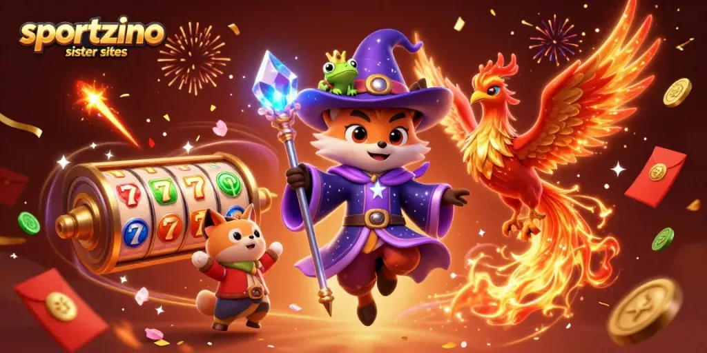 Engage with sportzino sister sites through magical casino adventures featuring vibrant slot reels and dynamic celebration elements.
