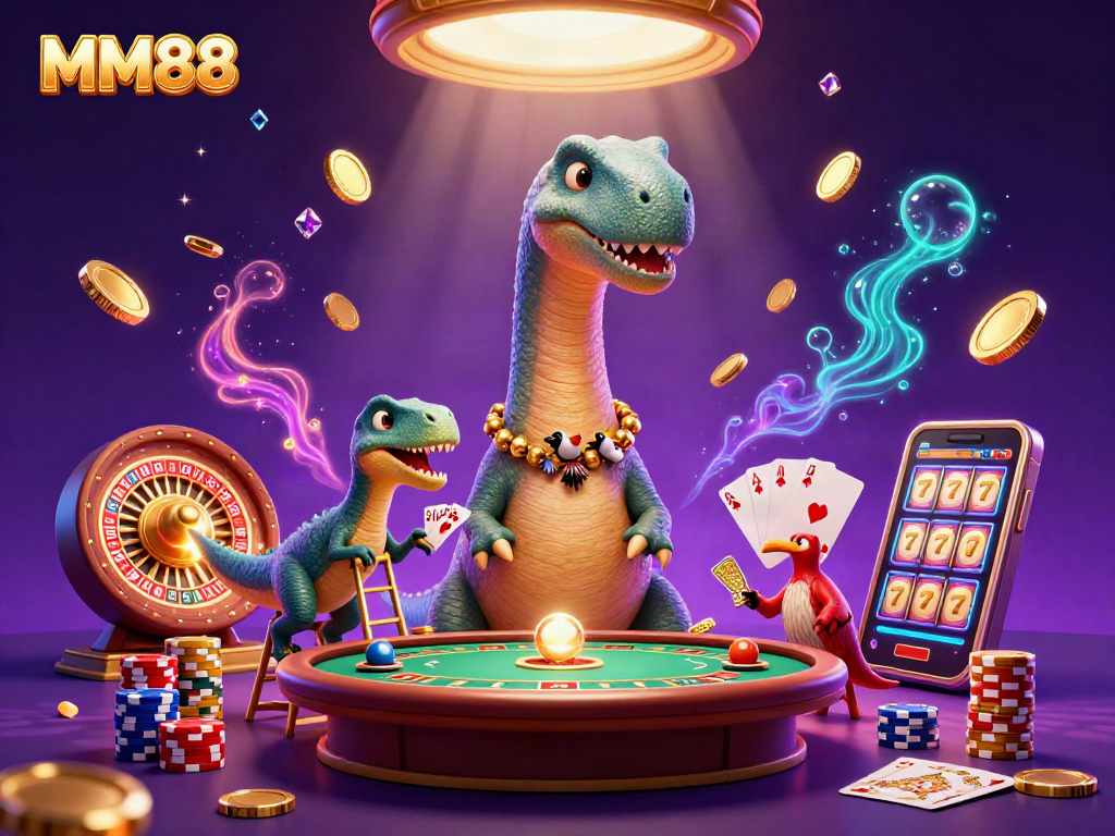 Experience the excitement of MM88 with this vibrant 3D casino scene showcasing thrilling card games and dynamic elements.