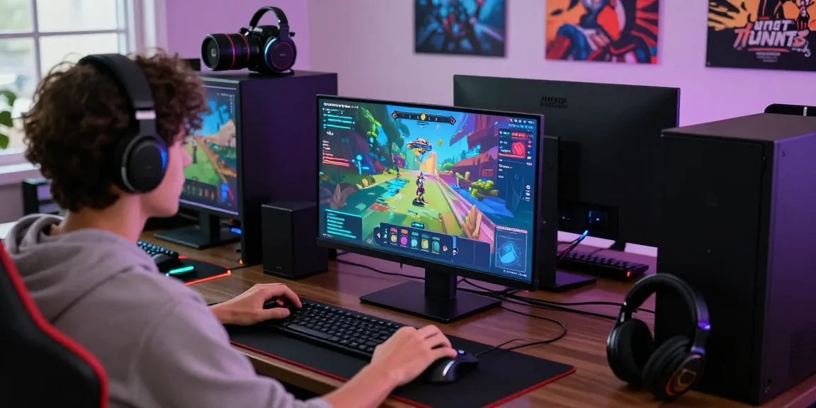 Engaged gamer experiencing Yumetoto login on a vibrant gaming laptop with accessories.