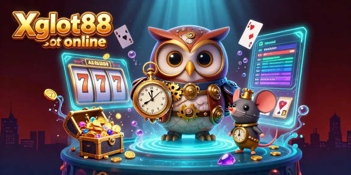 Permainan slot menarik di Xgslot88 slot online, dengan karakter burung hantu dan tikus bergaya steampunk di kasino.