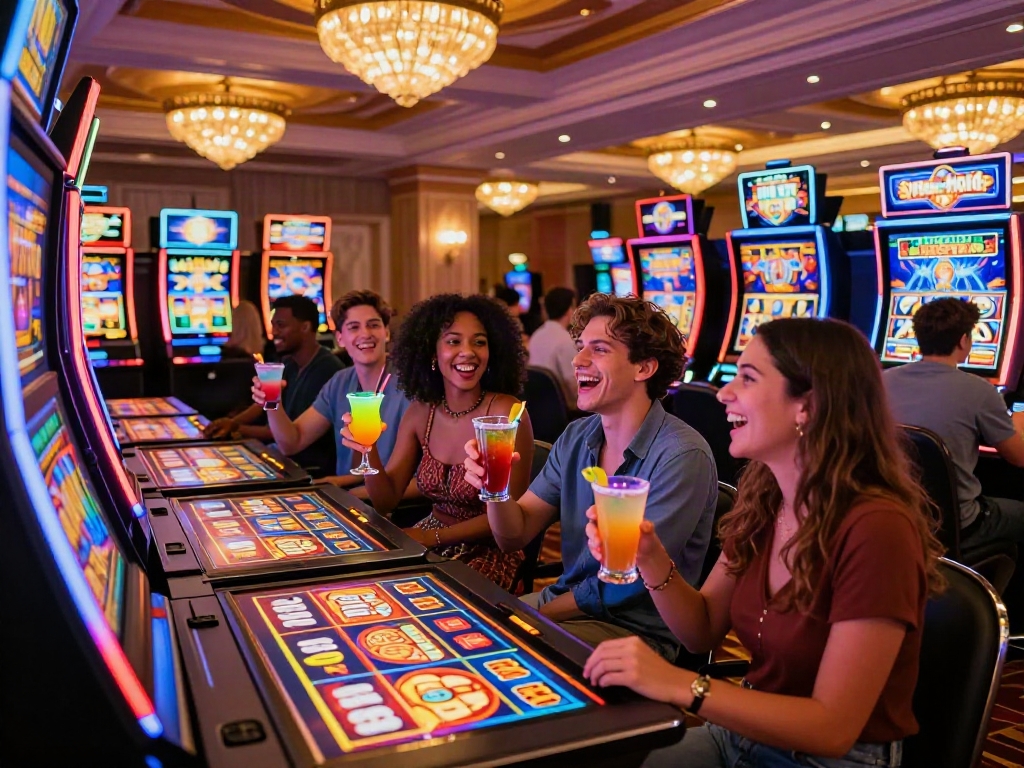 Exciting scene of friends celebrating at a vibrantสล็อตออนไลน์ casino with colorful machines, drinks, and joyful atmosphere.