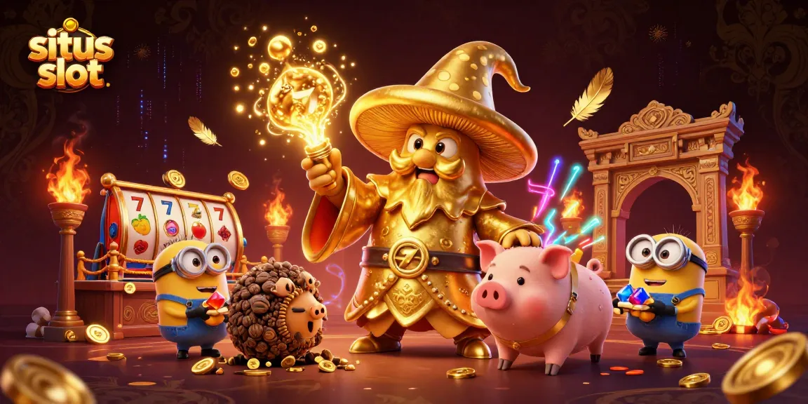 Engage with situs slot through a magical illustration showcasing dynamic slot reels and captivating characters.