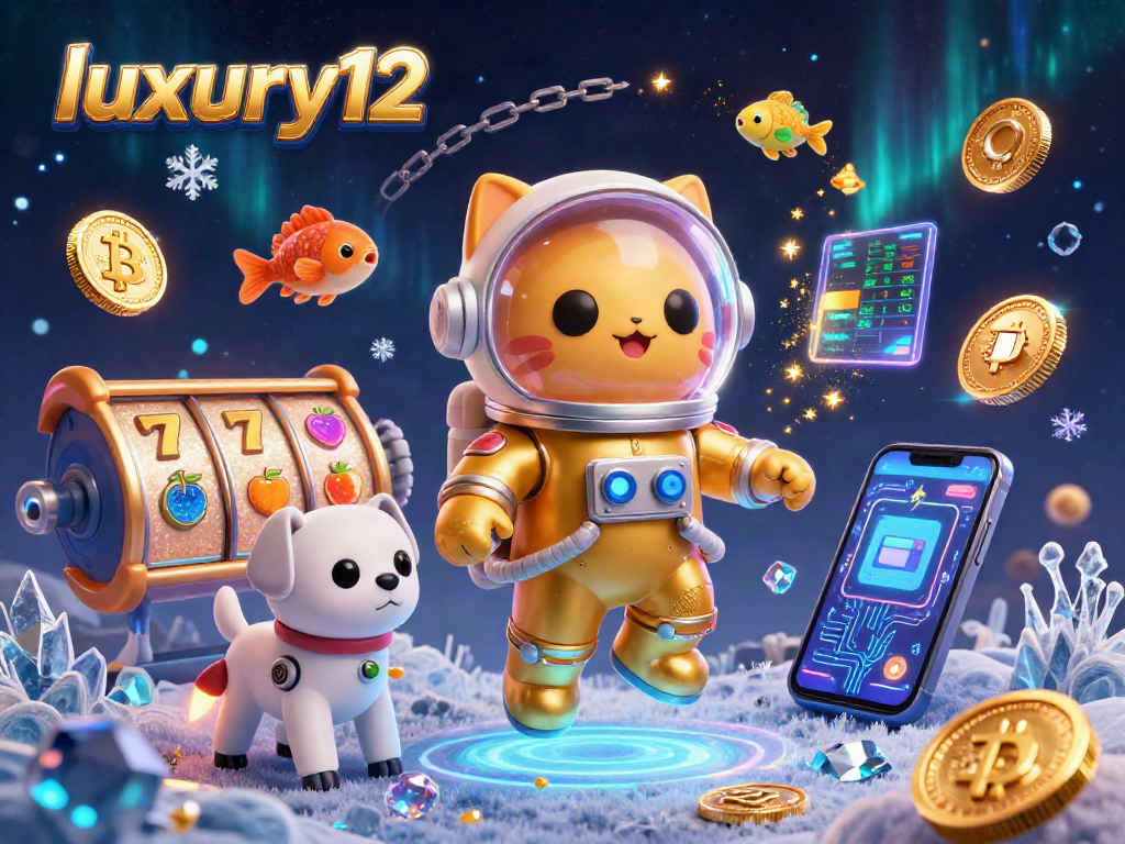 Experience the thrilling luxury12 casino atmosphere with a cat astronaut surrounded by rich gaming elements.
