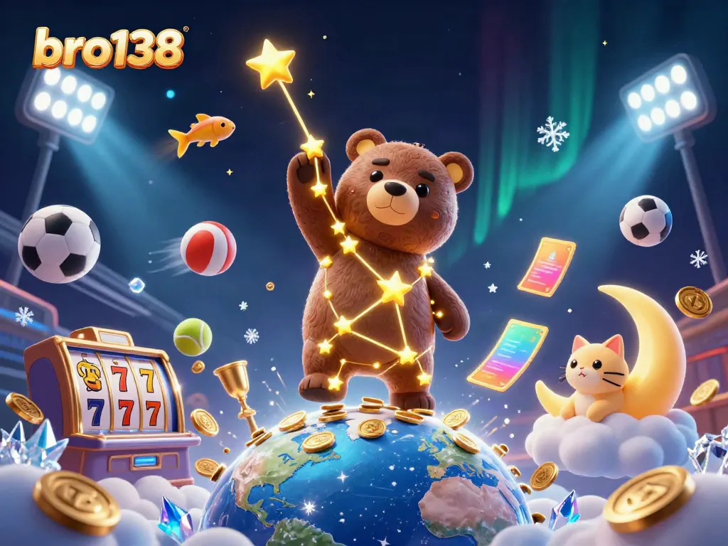 Experience excitement with bro138 as constellation bear and friends scoop up coins in a dynamic casino scene.