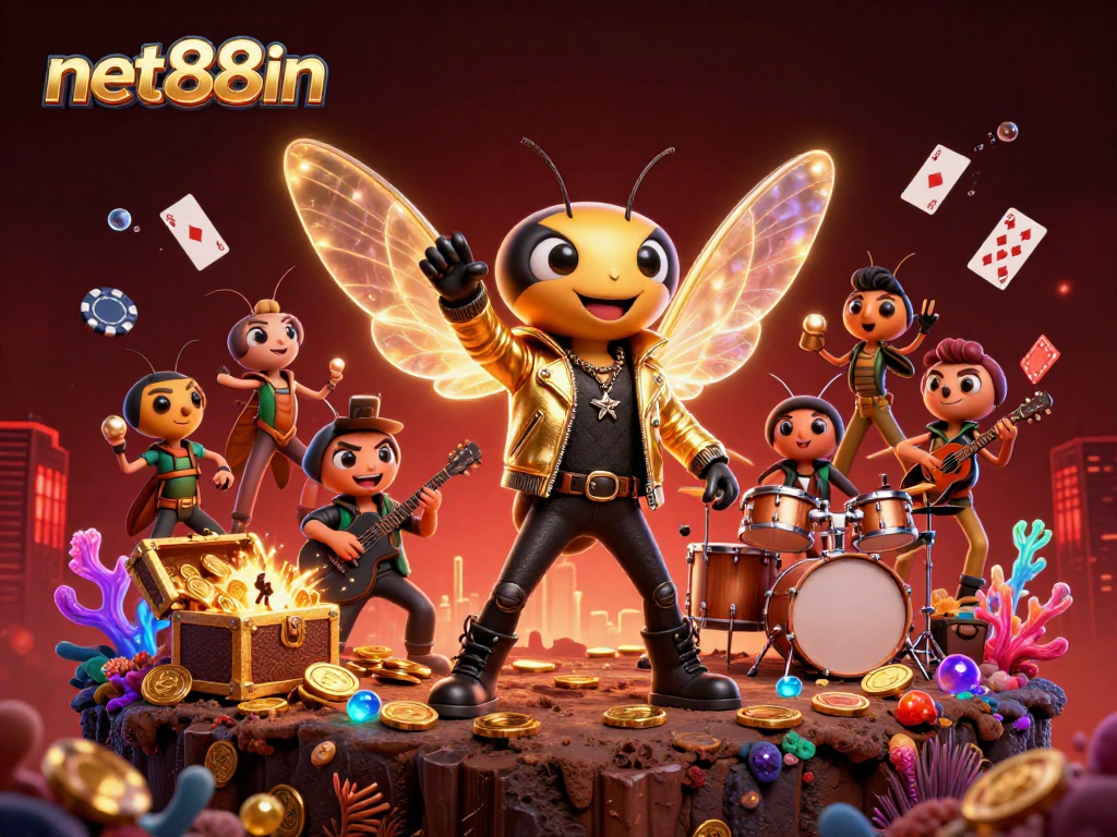 Engage with net88in's vibrant online casino scene featuring dynamic characters and colorful gaming elements.