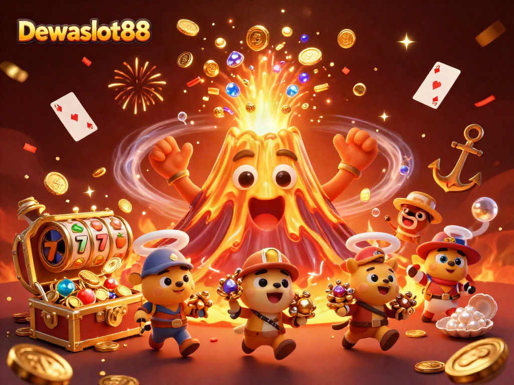 Dewaslot88 showcases a 3D cartoon volcano erupting coins and gems in a vibrant casino-themed illustration.