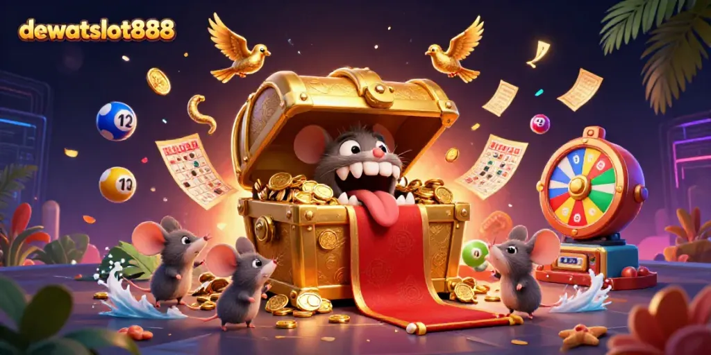 Menang jackpot di dewataslot888 dengan peti harta karun dan bola lotere berwarna-warni.