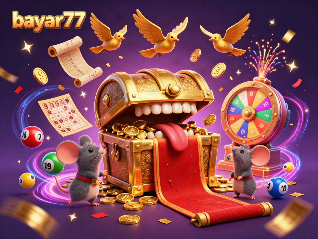 Join the excitement of bayan77 with vibrant visuals of a treasure chest and dynamic gaming elements.