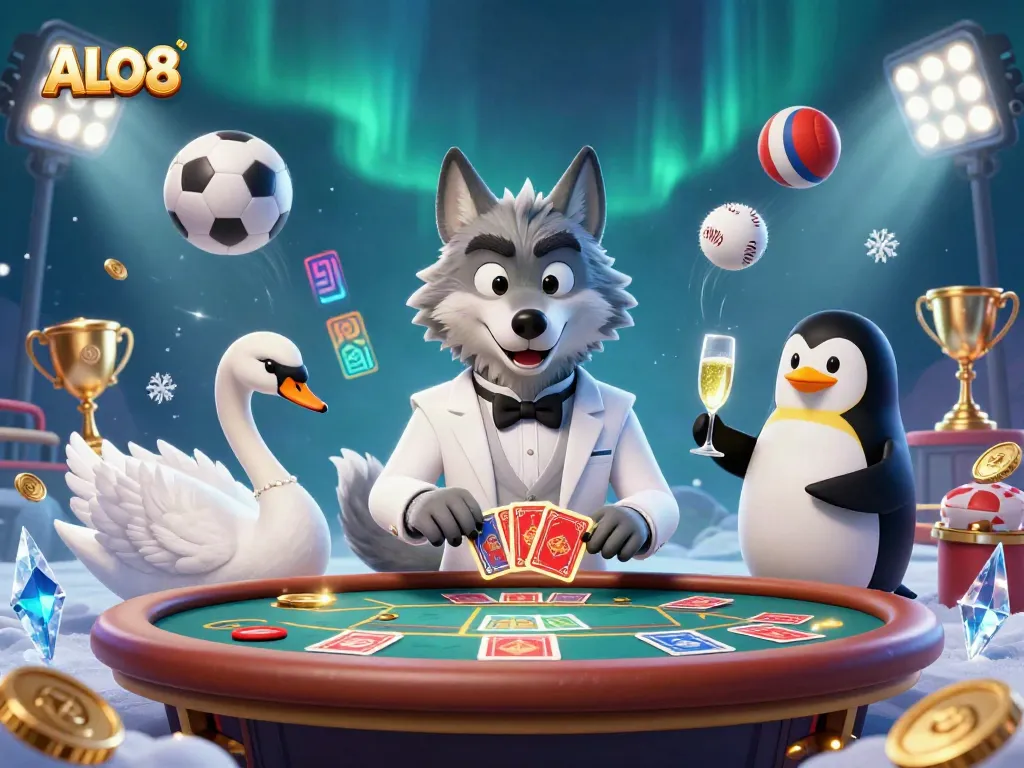 Win big with ALO8 at the baccarat table, surrounded by vibrant casino elements.