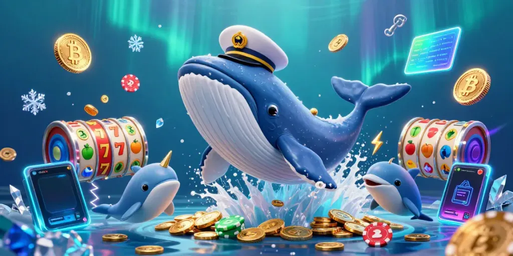 Meja slot yang menggemparkan dengan ikan paus kartun dan simbol keberuntungan di lautan koin.