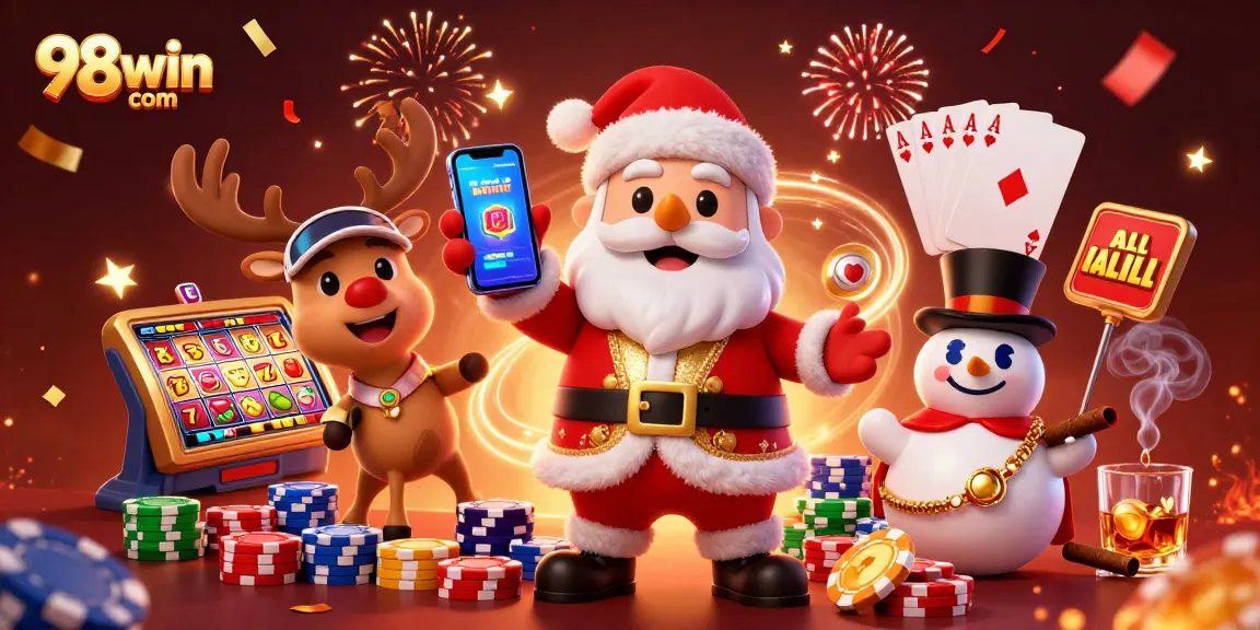 Spin the reels and experience jackpots with 98win com's interactive casino scene featuring festive characters.