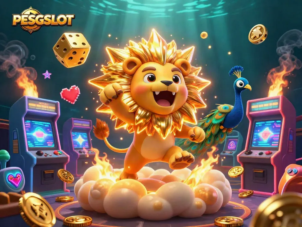 PESGSLOT showcases a vibrant casino scene with a roaring sun lion, golden dice, and arcade machines.