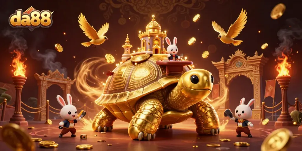 Experience the thrill of da88 with a vibrant casino scene featuring a tortoise and rabbit dealer.