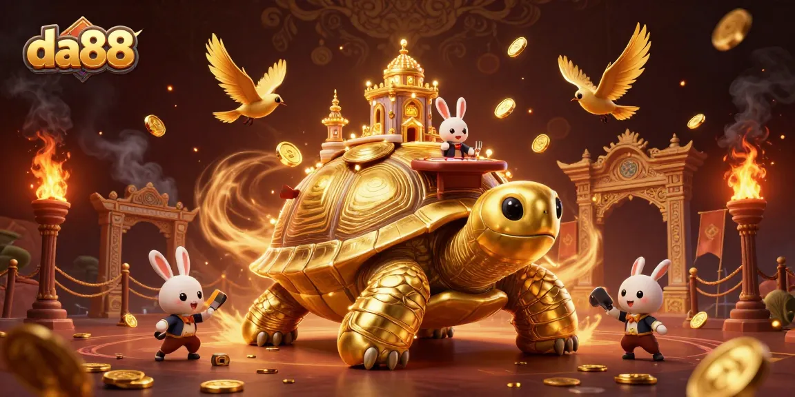 Experience the thrill of da88 with a vibrant casino scene featuring a tortoise and rabbit dealer.