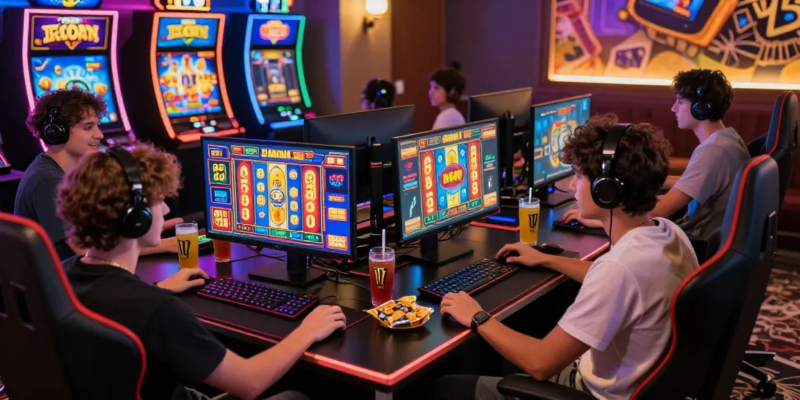 Exciting bandar slot gaming scene with friends enjoying a lively gaming session.
