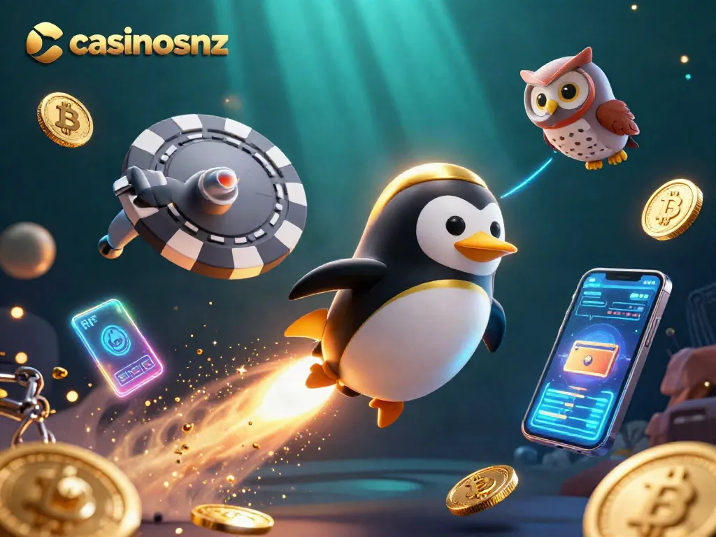 Experience casinosnz through a dynamic 3D journey featuring a golden penguin in space.