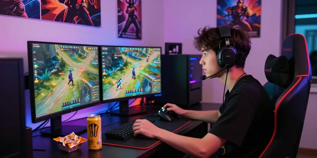 Gamer engaging with qqmacan online game in a vibrant gaming setup, showcasing dual monitors and ambient LED lighting.