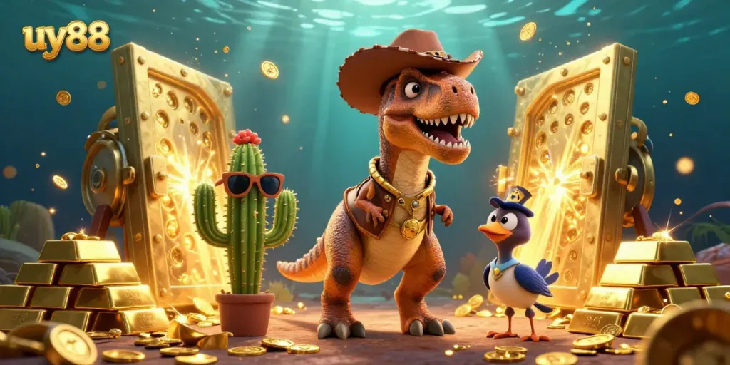 Join the excitement at uy88 with a vibrant 3D casino scene filled with gold and jewels.