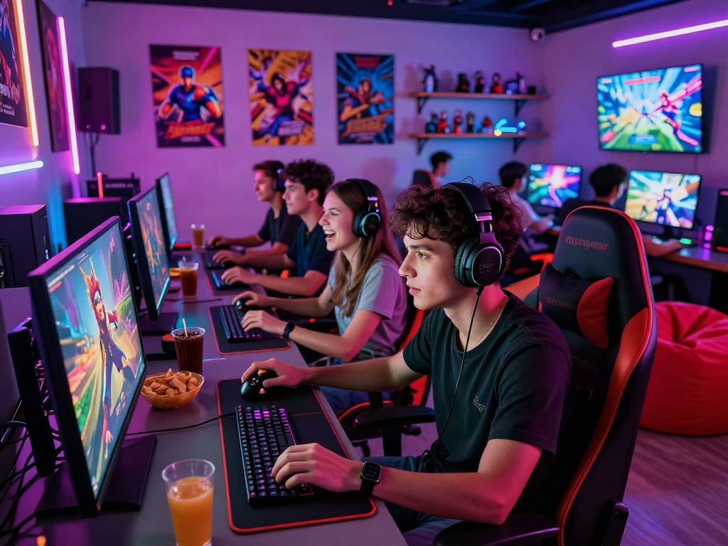 Friends enjoying porngames in a vibrant gaming lounge with neon lights and high-end PCs.
