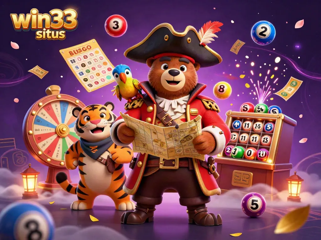Experience thrilling jackpots with win33 situs, showcasing animated lottery balls and an engaging pirate theme.