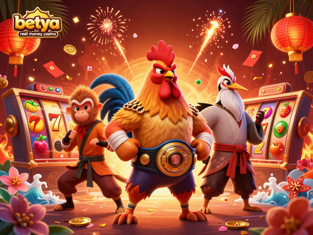 A vibrant scene showcasing betya.com real money casino with a Muay Thai rooster, Shaolin monkey, and wise crane surrounded by spinning slot reels and festive decorations.