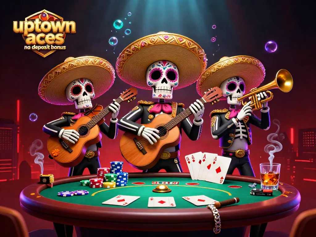 Experience the excitement of the uptown aces no deposit bonus with vibrant mariachi characters and poker elements.