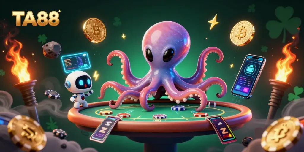 Engage in thrilling casino action at TA88 with a vibrant alien octopus and robot at a holographic poker table.