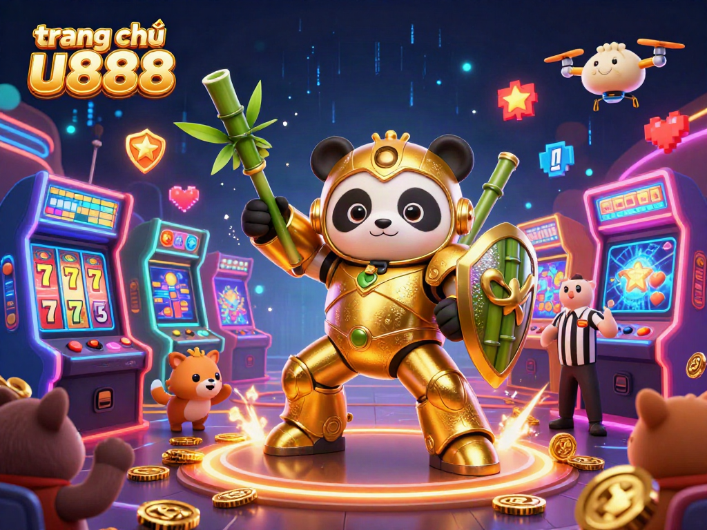 Engage with the vibrant world of trang chủ u888 featuring a golden panda and robot in a dynamic casino arena.
